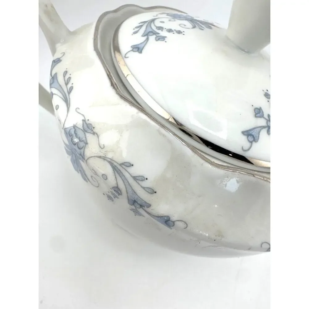 Vintage Smielow Poland‎ Porcelain Sugar Bowl Lid Blue Floral Silver Trim